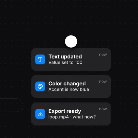Bola blanca UI: Una bola blanca recorre interruptor, slider, notificaciones y teclado en un bucle con cámara continua · 10 s