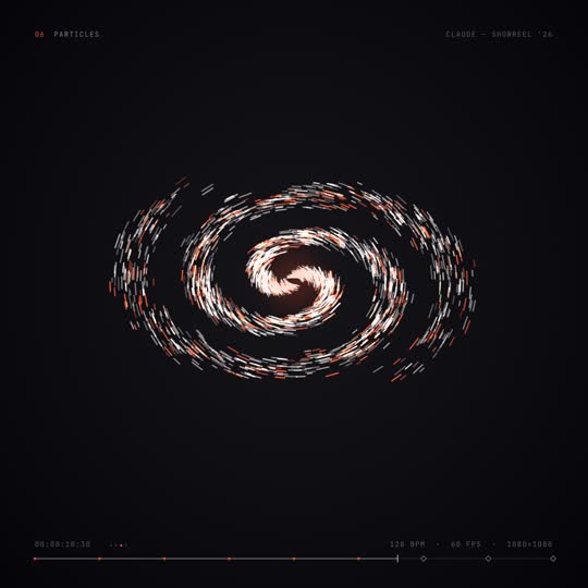 Showreel nocturno: Un punto rojo recorre curvas, tipos, UI, datos, vóxeles y una galaxia hasta firmar «Claude.» · 15 s