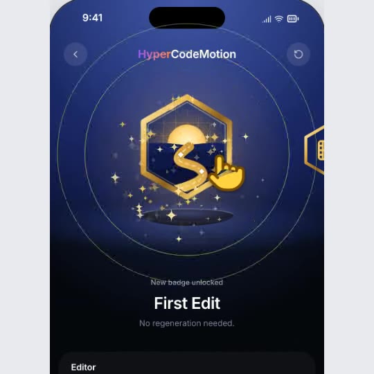 Insignia desbloqueada: Pantalla de logro en un teléfono: la insignia de oro se construye, estalla en estrellas y se inclina hacia el cursor · 11.25 s