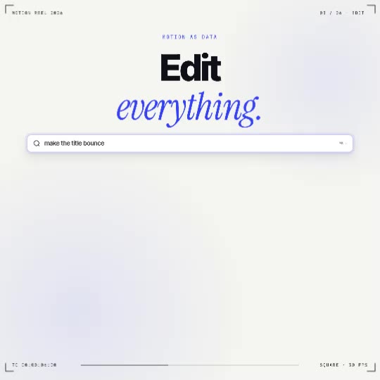 Motion reel: Showreel de producto: del caos de re-renders a importar, editar como datos y exportar, con cierre HyperCodeMotion · 15 s
