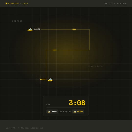 T4T Taxi: Promo humorística de una app de taxis para taxis: gancho, mapa de despacho con ETA, cita y logo · 21 s