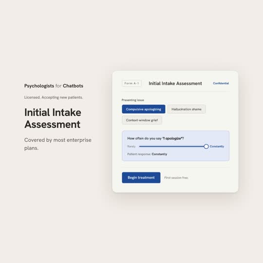Therapy for Chatbots: Promo editorial humorística en crema: formulario, lista y cita con cortes secos · 21 s